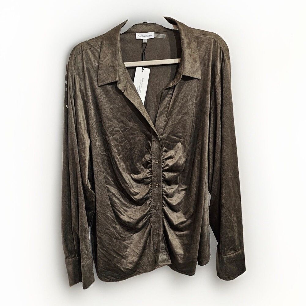 NWT Calvin Klein Forest Green Button Up Business Casual Dark Academia Top